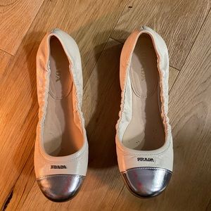 Prada white and silver cap-toe ballerina